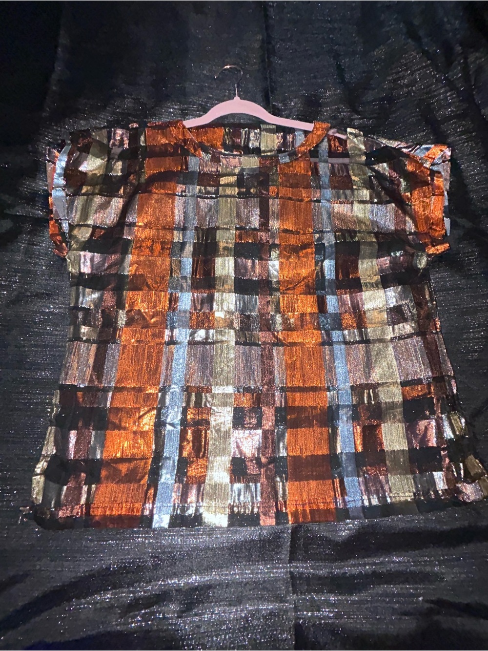 Vintage 1970’s Sheer Metallic Plaid Short Sleeve Top in Copper, Gold & Silver